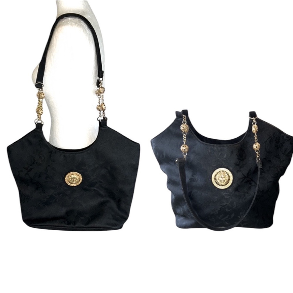 Vintage Daniella Black Floral Jacquard and Gold Beaded Strap Shoulder Bag